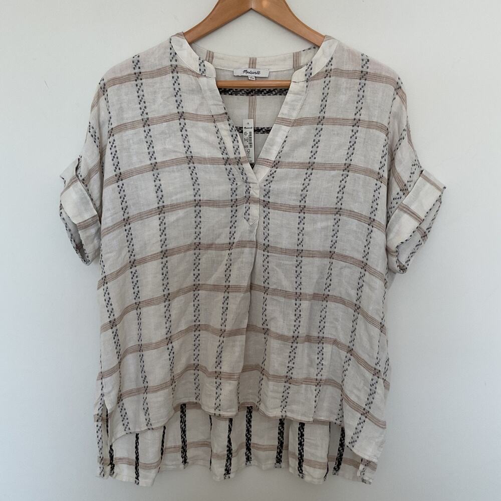 Madewell Linen Blend Lakeline Popover Shirt S Windowpane Jacquard Antique Cream